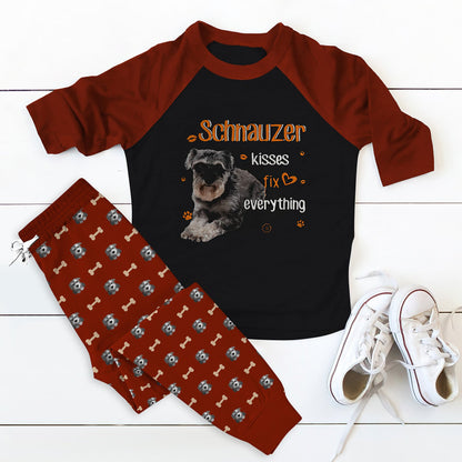 Miniature Schnauzer Kisses Fix Everything Brown Pajama Set |Sleepwear Pjs Sets | Raglan Shirt Pants Set