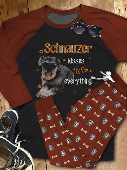 Miniature Schnauzer Kisses Fix Everything Brown Pajama Set |Sleepwear Pjs Sets | Raglan Shirt Pants Set