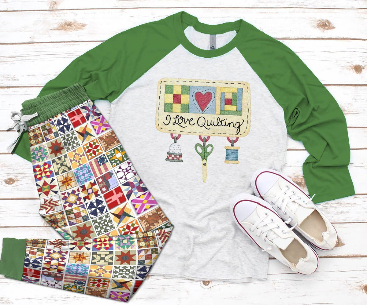 Quilting Set I Love Quilting Pajama Set |Sleepwear Pjs Sets | Raglan Shirt Pants Set