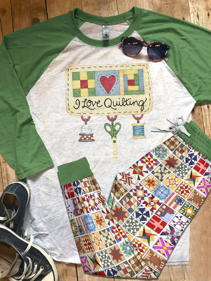 Quilting Set I Love Quilting Pajama Set |Sleepwear Pjs Sets | Raglan Shirt Pants Set