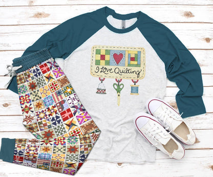 Quilting Set I Love Quilting Pajama Set |Sleepwear Pjs Sets | Raglan Shirt Pants Set