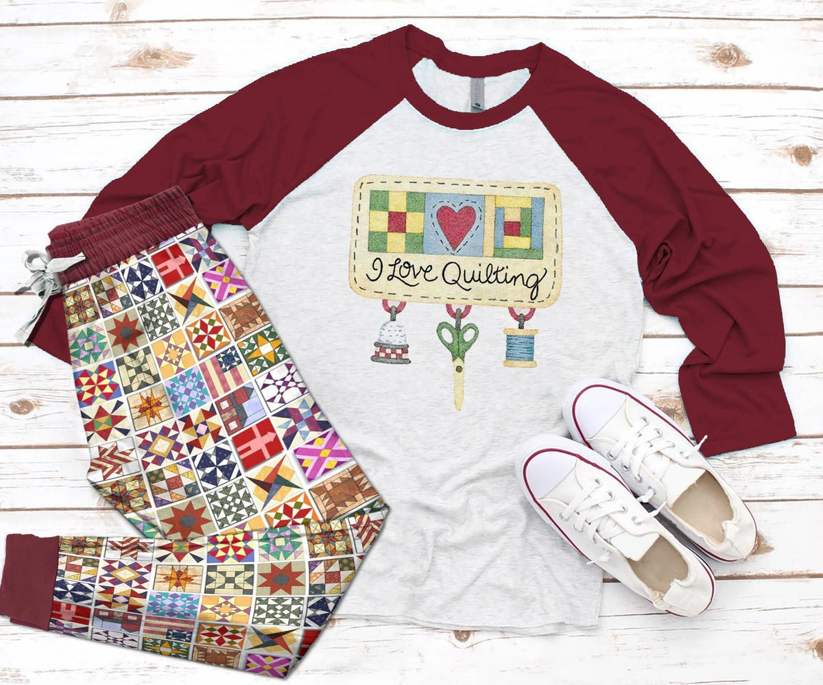 Quilting Set I Love Quilting Pajama Set |Sleepwear Pjs Sets | Raglan Shirt Pants Set