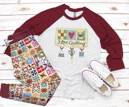 Quilting Set I Love Quilting Pajama Set |Sleepwear Pjs Sets | Raglan Shirt Pants Set