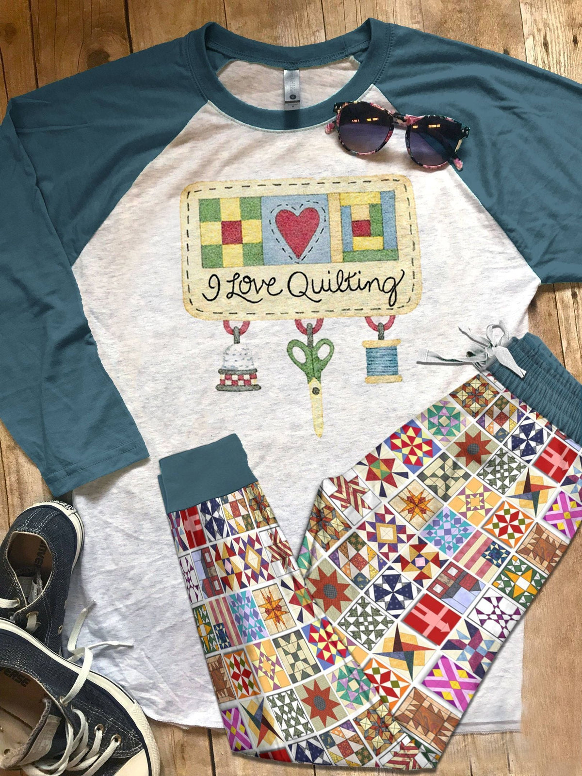 Quilting Set I Love Quilting Pajama Set |Sleepwear Pjs Sets | Raglan Shirt Pants Set
