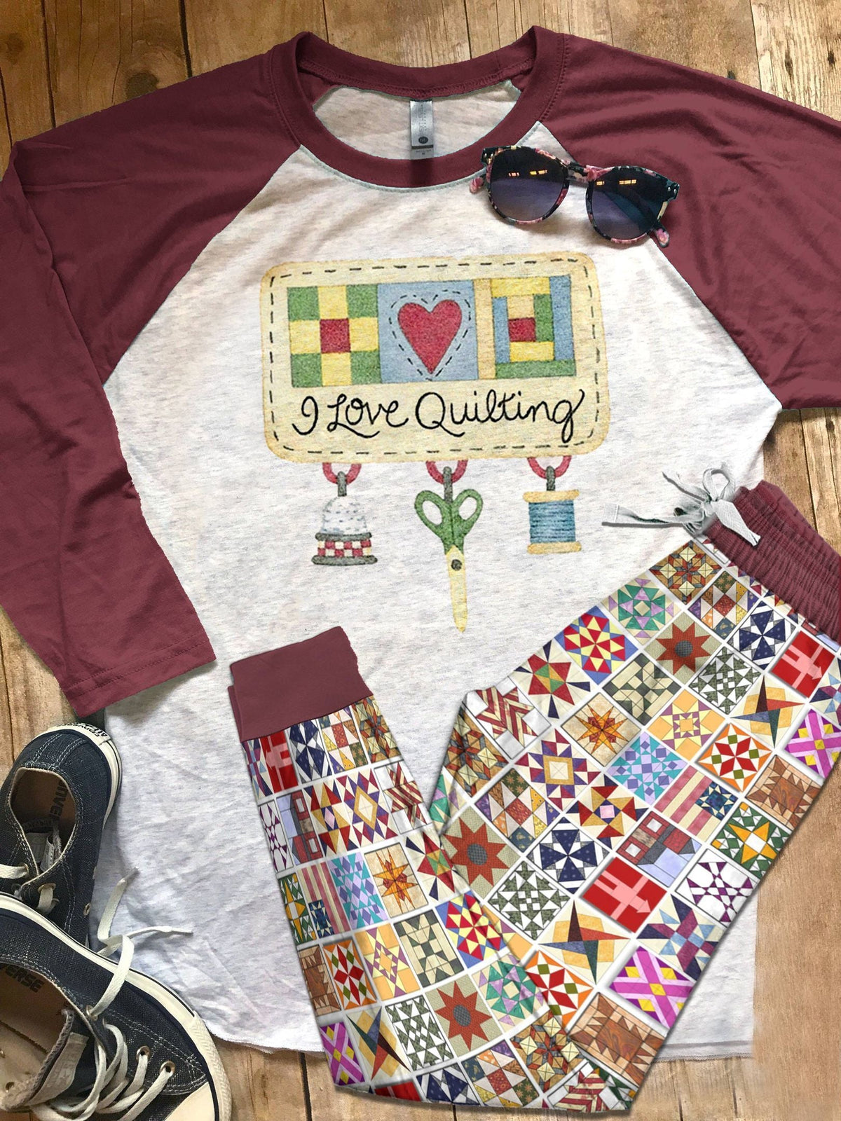 Quilting Set I Love Quilting Pajama Set |Sleepwear Pjs Sets | Raglan Shirt Pants Set