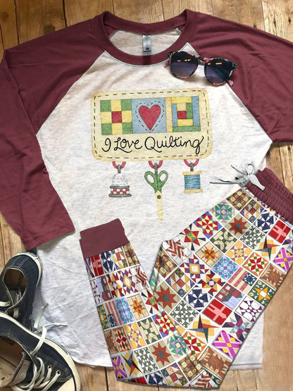 Quilting Set I Love Quilting Pajama Set |Sleepwear Pjs Sets | Raglan Shirt Pants Set