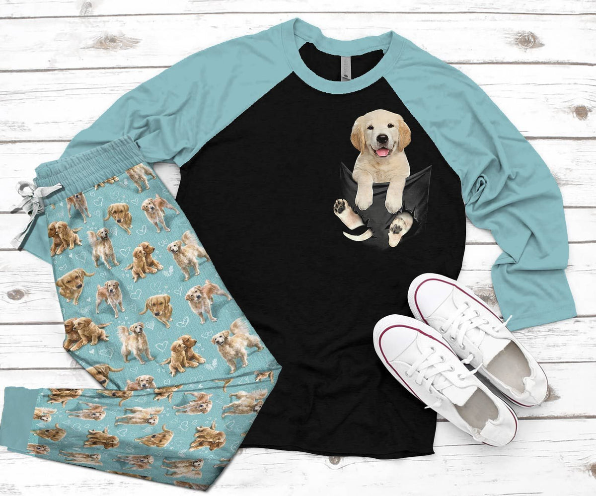 Golden Retriever Set Golden Retriever The Cute Pajama Set |Sleepwear Pjs Sets | Raglan Shirt Pants Set