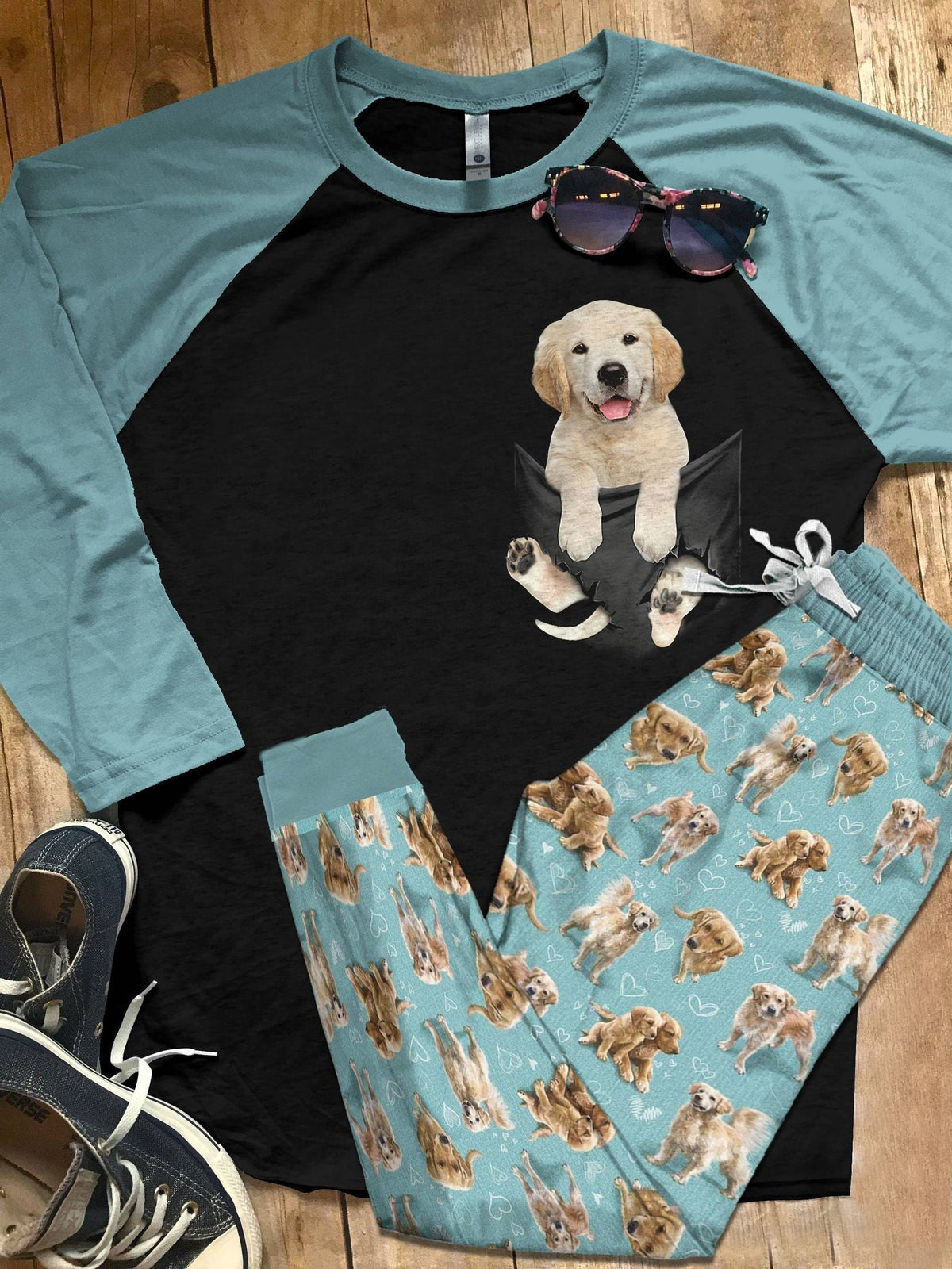 Golden Retriever Set Golden Retriever The Cute Pajama Set |Sleepwear Pjs Sets | Raglan Shirt Pants Set