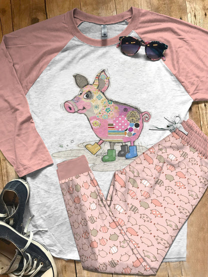 Pig Lovely Pig Pink Nice Pajama Set |Sleepwear Pjs Sets | Raglan Shirt Pants Set