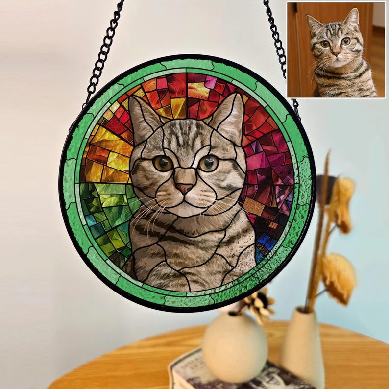 Personalized Pet Portrait Stained Glass Suncatcher – Custom Pet Art From Photo, Memorial Window Hanging & Pet Lover Gift
