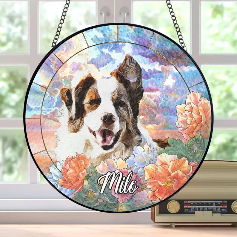Custom Pet Memorial Suncatcher – Personalized Stained Glass Pet Portrait With Name, Sympathy Keepsake Gift