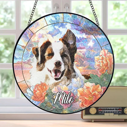 Custom Pet Memorial Suncatcher – Personalized Stained Glass Pet Portrait With Name, Sympathy Keepsake Gift