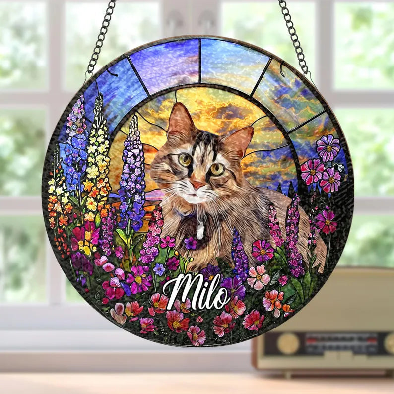 Custom Pet Memorial Suncatcher – Personalized Stained Glass Pet Portrait With Name, Sympathy Keepsake Gift