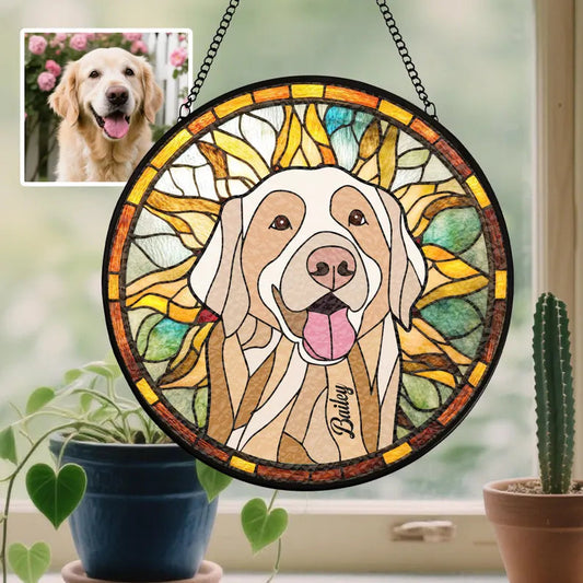Personalized Pet Memorial Stained Glass Suncatcher – Custom Dog Portrait From Photo, Pet Loss Keepsake Window Hanging Gift