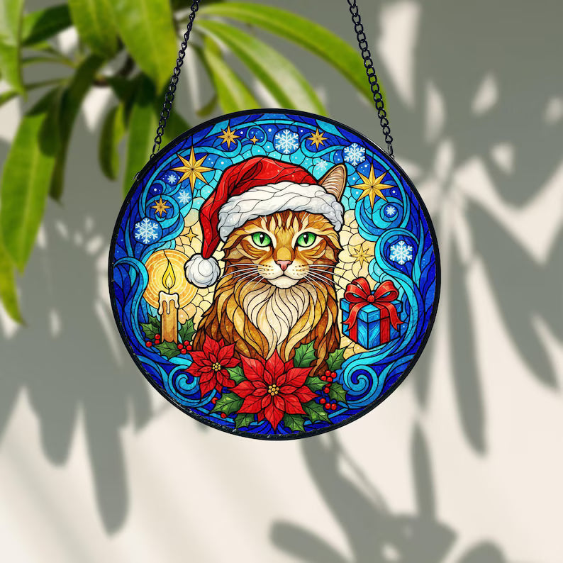 Personalized Christmas Cat Stained Glass Suncatcher – Santa Hat Cat Window Hanging Holiday Decor Gift