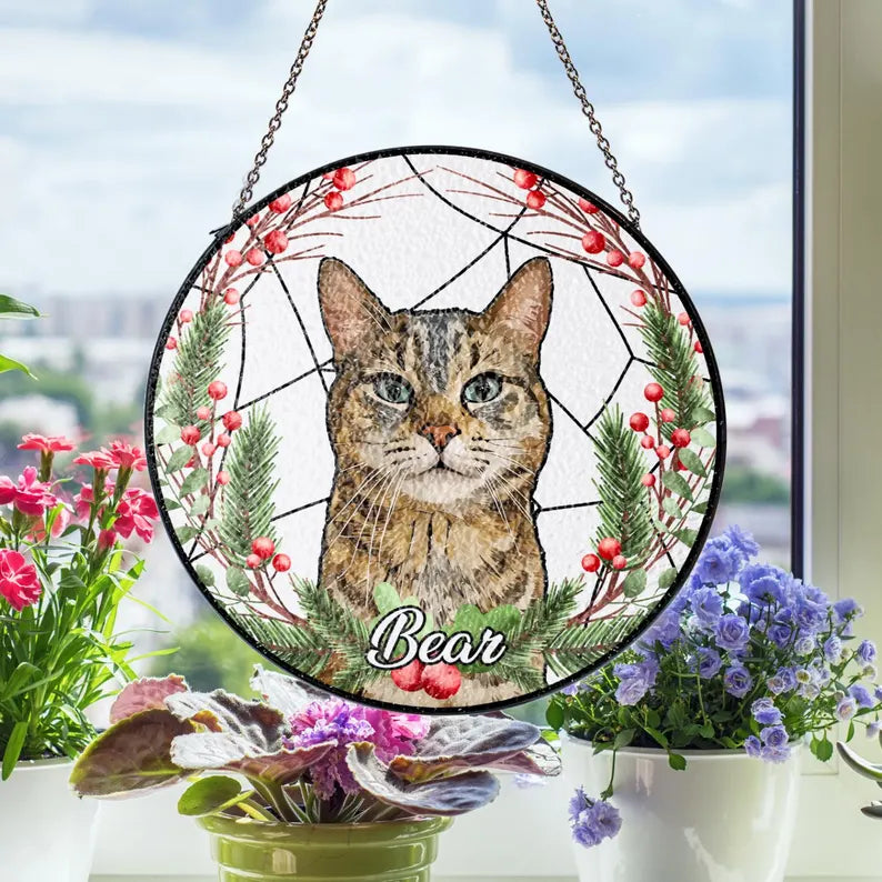 Personalized Pet Portrait Stained Glass Suncatcher – Custom Photo Memorial Keepsake, Christmas Window Hanging Gift