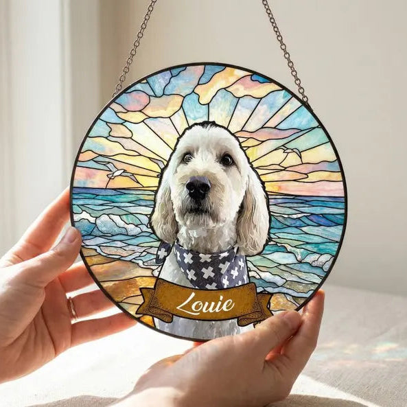 Personalized Dog Memorial Stained Glass Suncatcher – Custom Dog Portrait From Photo, Pet Loss Sympathy Keepsake Gift
