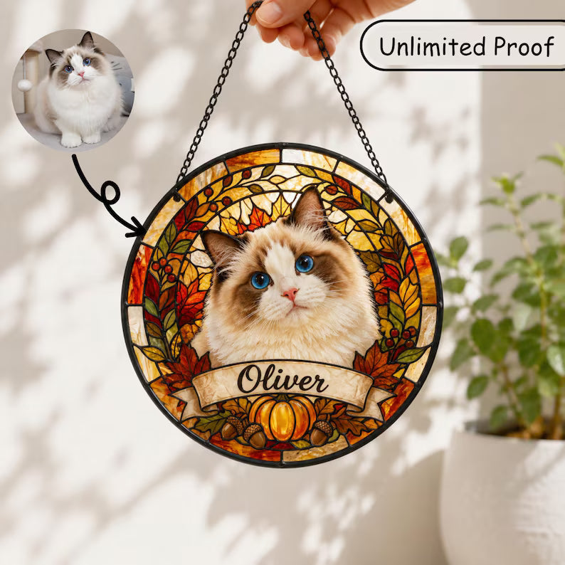 Personalized Pet Memorial Stained Glass Suncatcher – Custom Pet Portrait, Pet Loss Sympathy & Remembrance Keepsake Gift