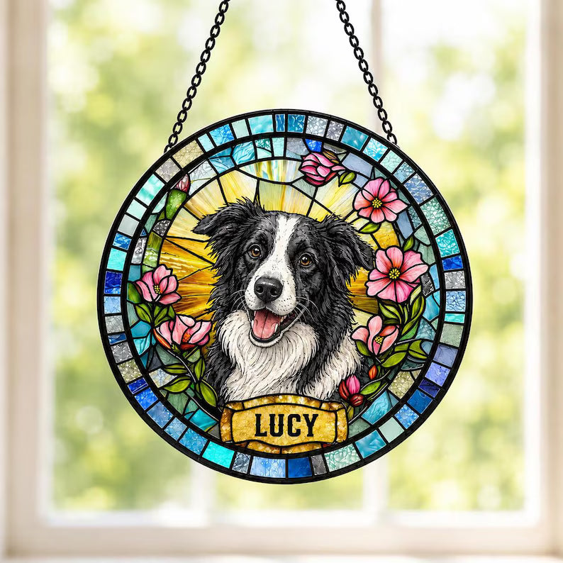 Custom Pet Portrait Stained Glass Suncatcher – Personalized Dog or Cat Photo Memorial Gift