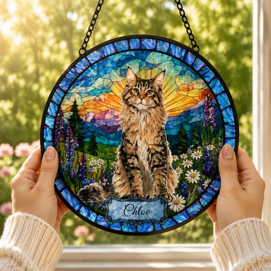Personalized Pet Memorial Stained Glass Suncatcher – Custom Pet Portrait From Photo, Pet Loss Keepsake Window Hanging Gift