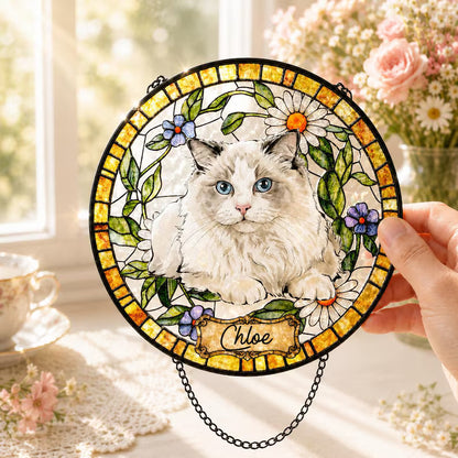 Personalized Pet Memorial Stained Glass Suncatcher – Custom Pet Portrait From Photo, Pet Loss Window Hanging Keepsake
