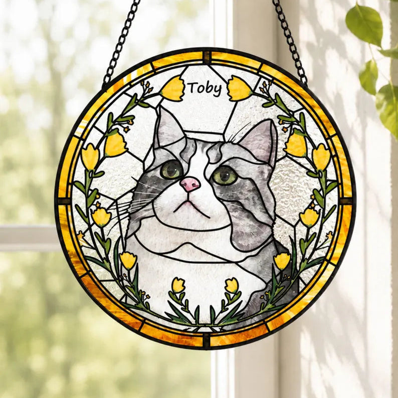 Personalized Pet Memorial Stained Glass Suncatcher – Custom Pet Portrait From Photo, Pet Loss Sympathy Keepsake Gift