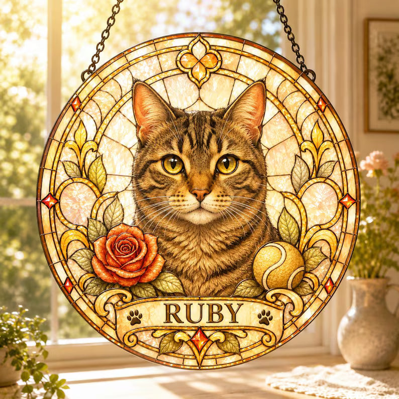 Personalized Pet Portrait Stained Glass Suncatcher – Custom Pet Photo Window Hanging, Unique Pet Lover Keepsake Gift