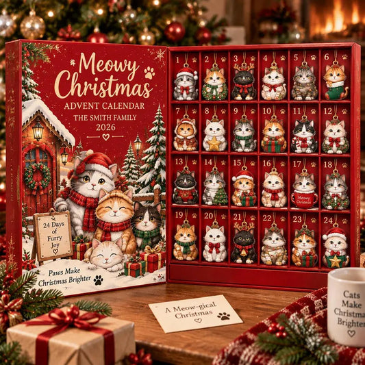 Personalized Cat Advent Calendar, Christmas Countdown Box, 24 Cute Cat Charms, Custom Family Name Holiday Keepsake, Cat Lover Gift 2026