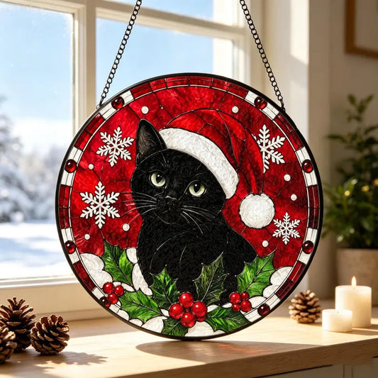 Festive Black Cat Christmas Stained Glass Suncatcher – Cute Cat Window Hanging Ornament, Holiday Decor & Gift for Cat Lovers