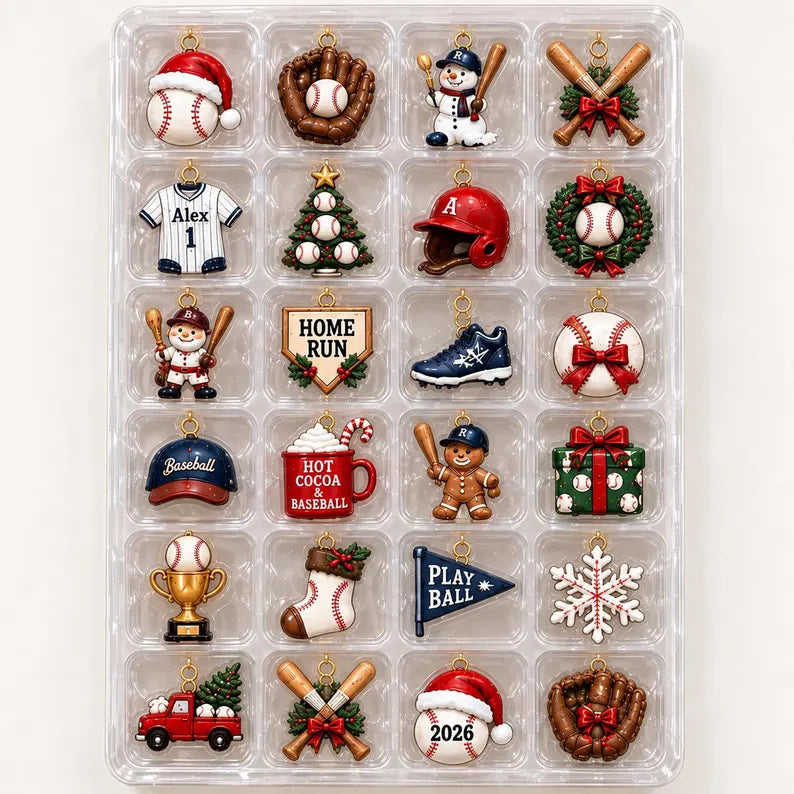 Custom Name Baseball Advent Calendar 2026, Christmas Countdown Box, 24 Baseball Charms, Personalized Holiday Keepsake, Baseball Player Gift
