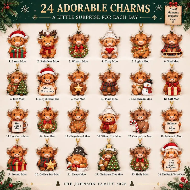 Personalized Highland Cow Advent Calendar, Christmas Countdown Box, 24 Mini Cow Charm Set, Custom Family Holiday Keepsake, Christmas 2026