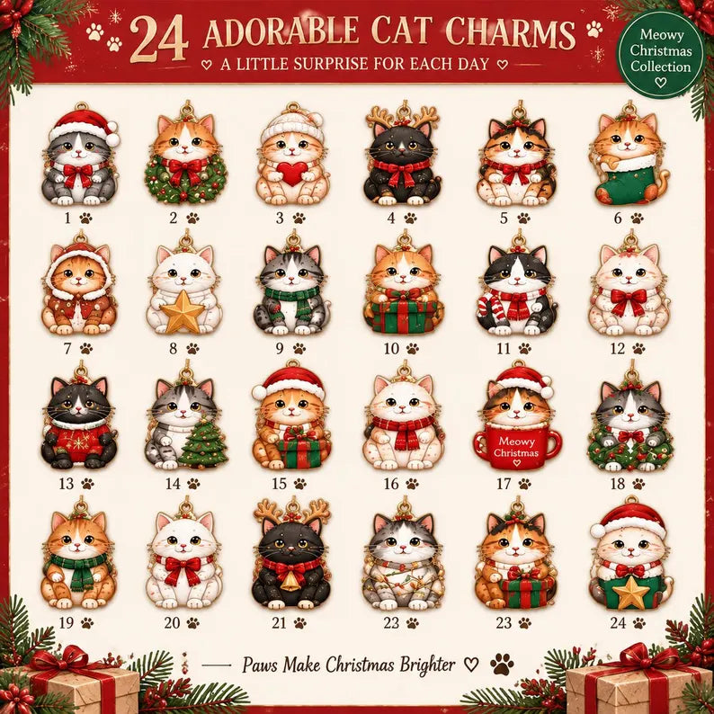 Personalized Cat Advent Calendar, Christmas Countdown Box, 24 Cute Cat Charms, Custom Family Name Holiday Keepsake, Cat Lover Gift 2026