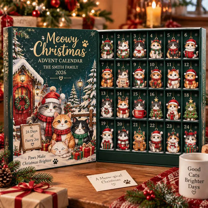 Personalized Cat Advent Calendar, Christmas Countdown Box, 24 Cute Cat Charms, Custom Family Name Holiday Keepsake, Cat Lover Gift 2026