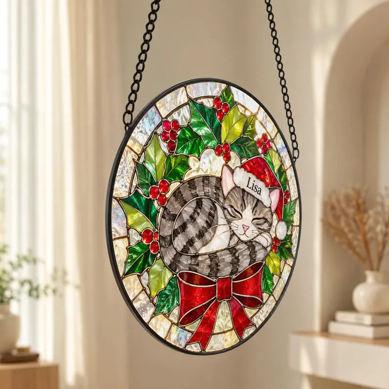 Personalized Christmas Cat Stained Glass Suncatcher – Custom Cat Portrait With Name & Santa Hat, Holiday Gift for Cat Lovers