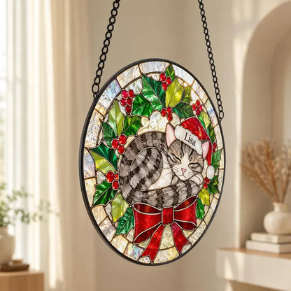 Personalized Christmas Cat Stained Glass Suncatcher – Custom Cat Portrait With Name & Santa Hat, Holiday Gift for Cat Lovers