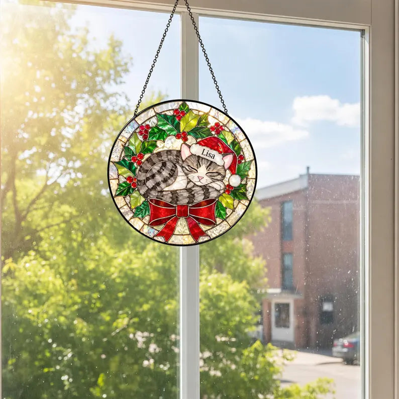 Personalized Christmas Cat Stained Glass Suncatcher – Custom Cat Portrait With Name & Santa Hat, Holiday Gift for Cat Lovers