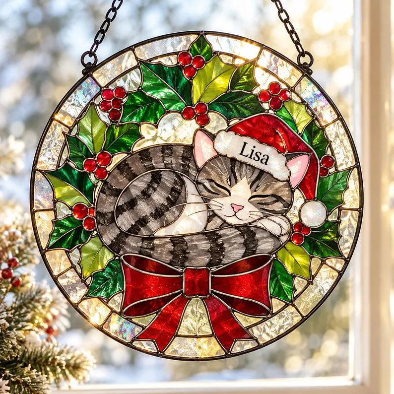 Personalized Christmas Cat Stained Glass Suncatcher – Custom Cat Portrait With Name & Santa Hat, Holiday Gift for Cat Lovers