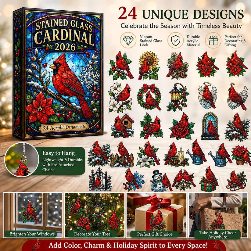 Stained Glass Cardinal Advent Calendar 2026 - 24-Day Festive Countdown, Acrylic Charms Blind Box