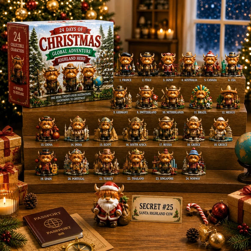 24 Days Christmas Advent Calendar - Global Highland Cow Collectible Figurines Set