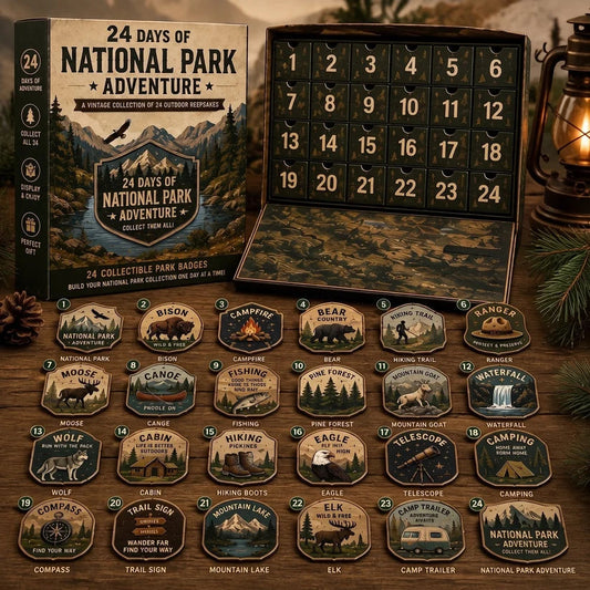 National Park Adventure Advent Calendar - 24 Vintage Collectible Badges Christmas Countdown Gift for Outdoor Lovers
