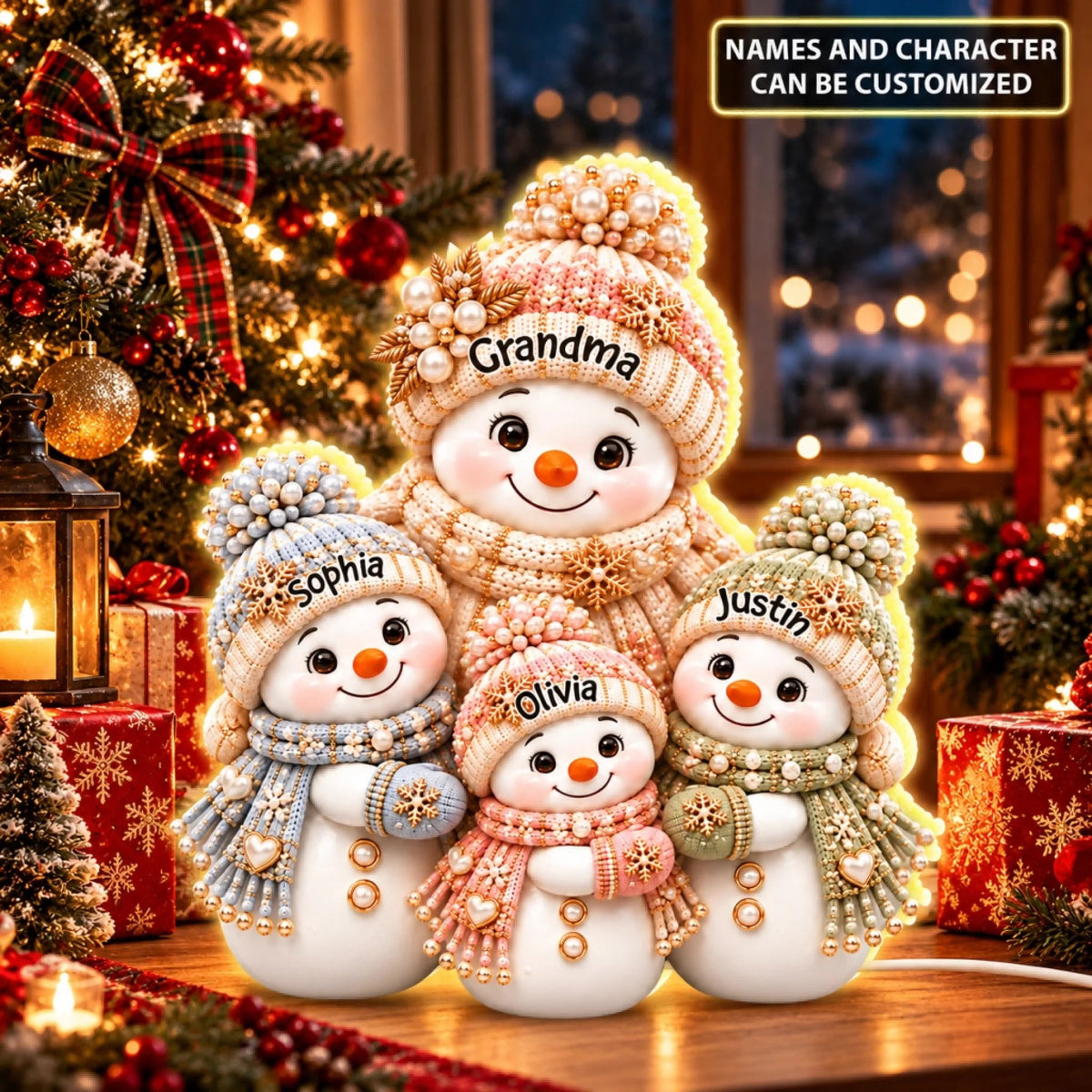 Luxury Pearl Snowman Family - Custom Shape Light Box - Christmas Gift for Grandma, Family