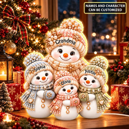Luxury Pearl Snowman Family - Custom Shape Light Box - Christmas Gift for Grandma, Family