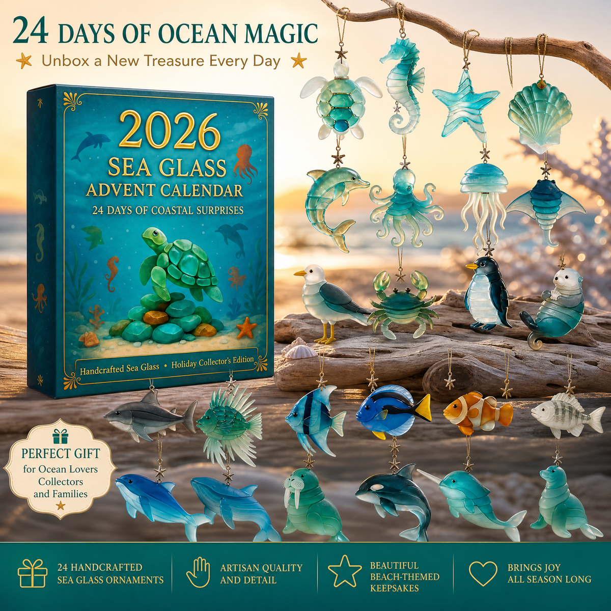 Sea Glass Ocean Acrylic Advent Calendar 2026 – 24 Marine Life Acrylic Ornaments, Christmas Countdown Gift for Ocean Lovers