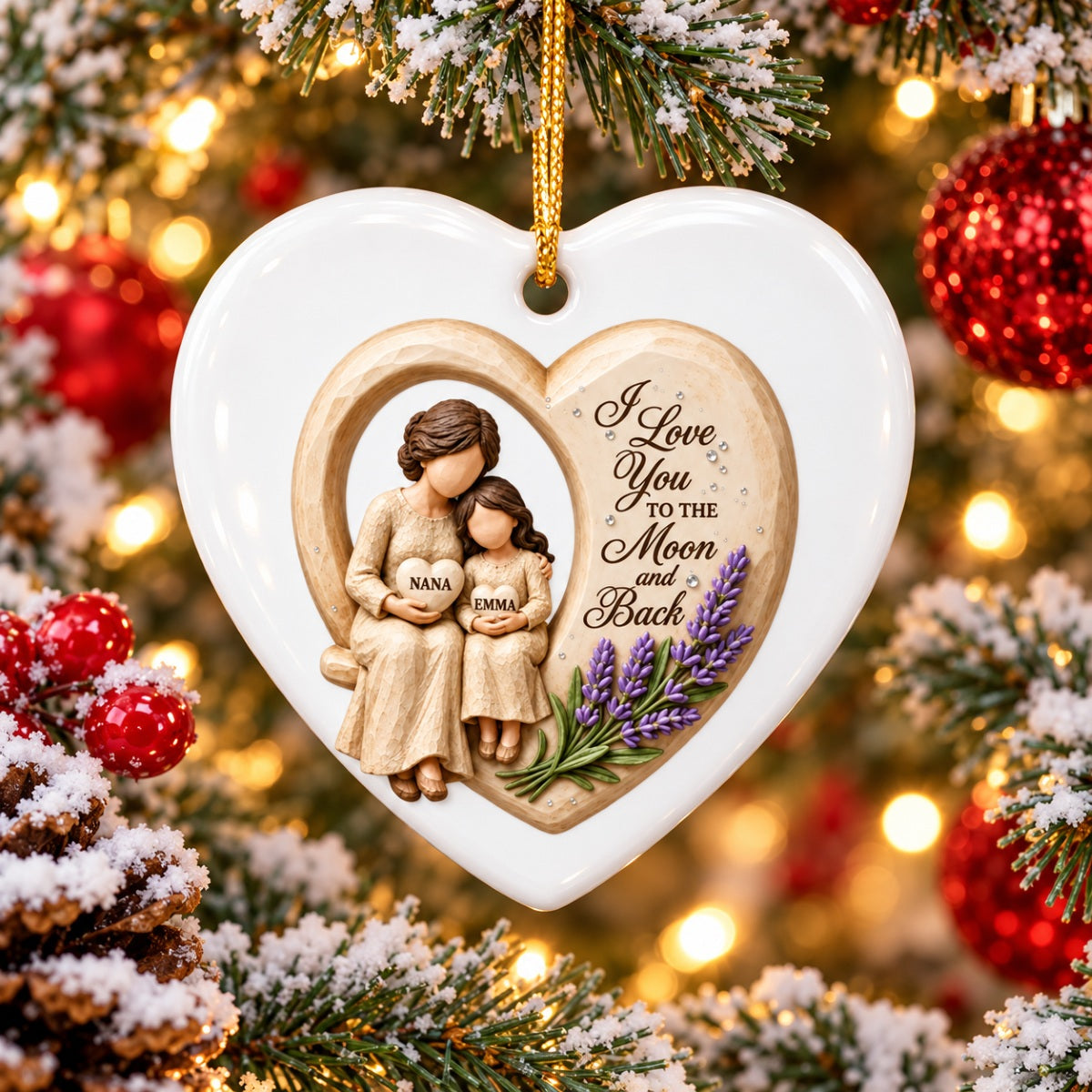 Grandma Loves to the Moon and Back - Personalized Ceramic Ornament - Christmas Gift for Granddaughter Grandson