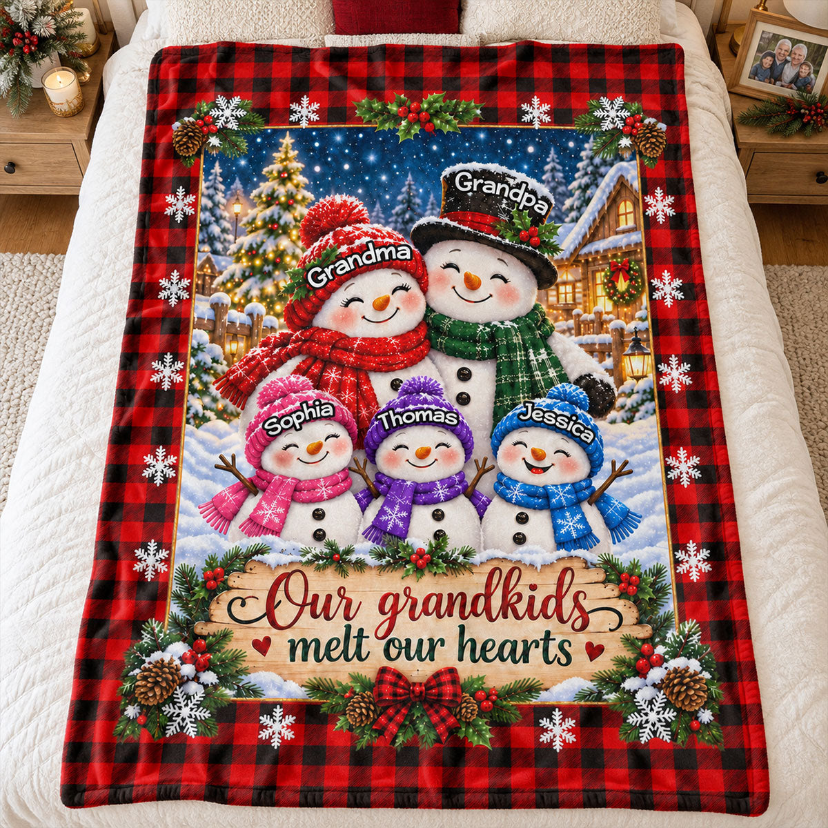 Cute Snowman Grandparents & Grandkids - Personalized Fleece Blanket - Christmas Gift For Grandparents