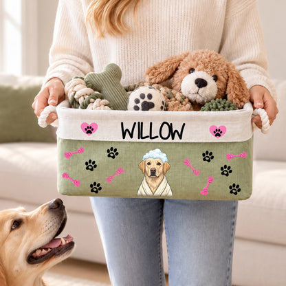 Personalized Fun Bath‑Robe Dog Photo Paw Bone Pattern Storage Basket with Name Pet Toy Organizing Birthday Gift for Dog Mom