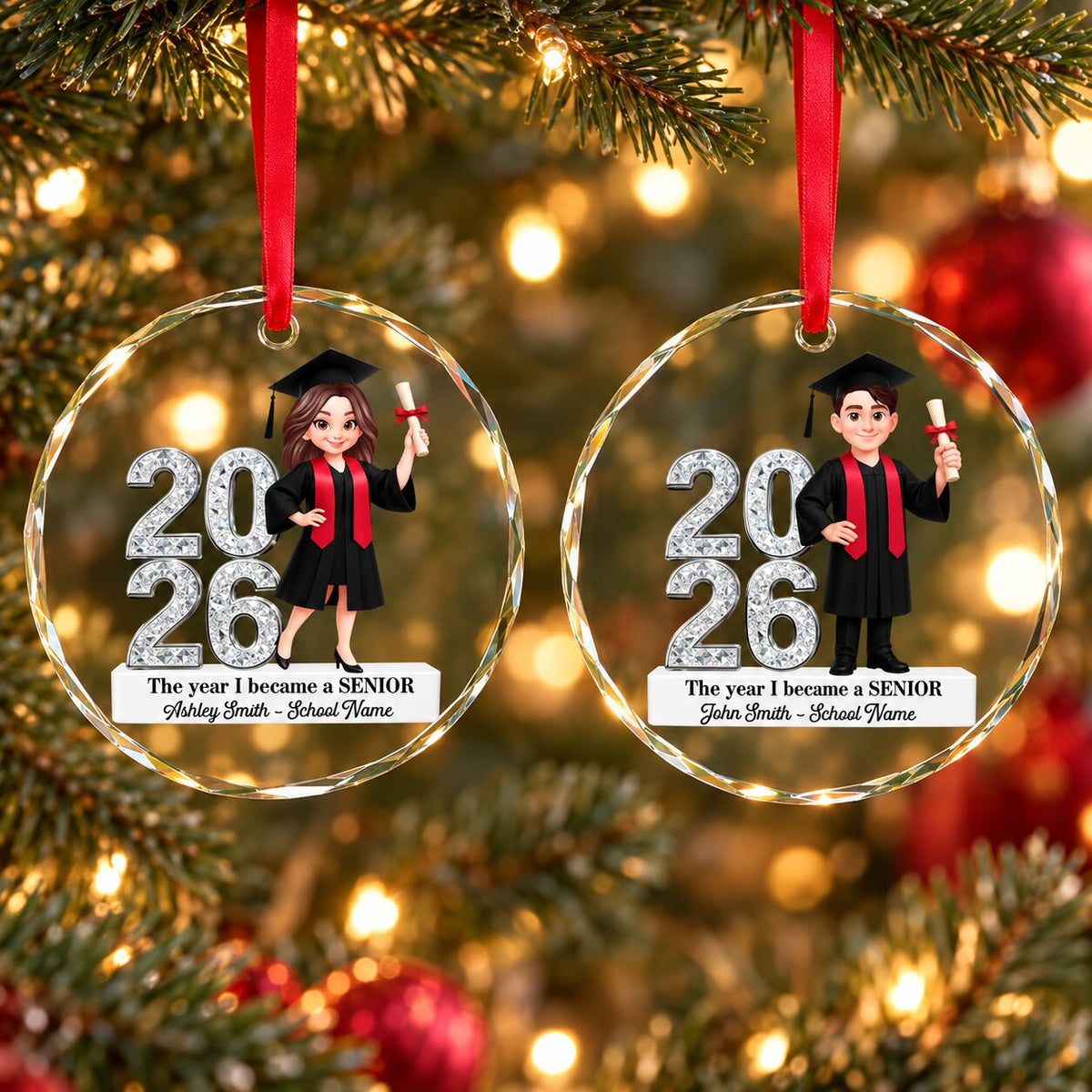 The Year I Became A Senior - Personalized Glass Ornament - Christmas Gift For Seniors, Daughter, Son, Granddaughters, Grandsons