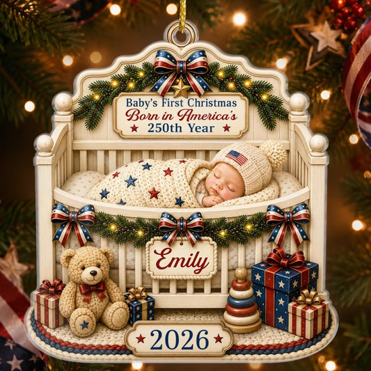Custom First Christmas Acrylic Ornament - Personalized America 250th Anniversary Christmas Gifts For New Moms, New Dads, New Parents - Wrapped In Love And Freedom
