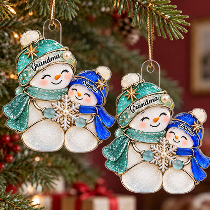 Grandma & Grandkid Snowman 2D Flat Printed - Personalized Acrylic Ornament - Christmas Gift For Grandchildren