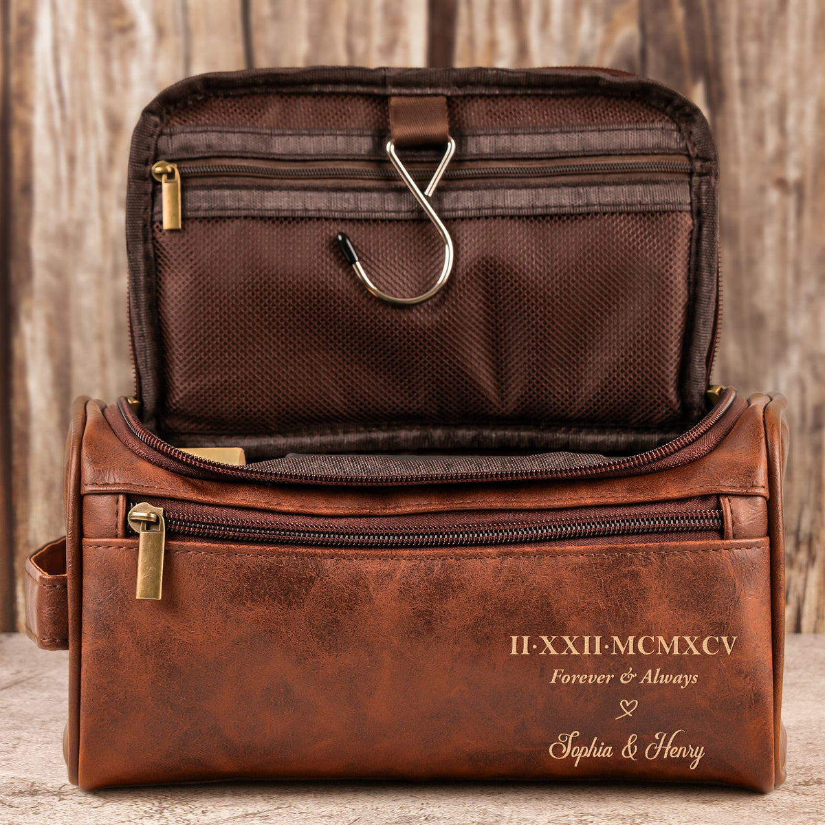 Custom Roman Numeral Date For Groom, Husband, Anniversary Wedding Gifts - Personalized Leather Toiletry Bag